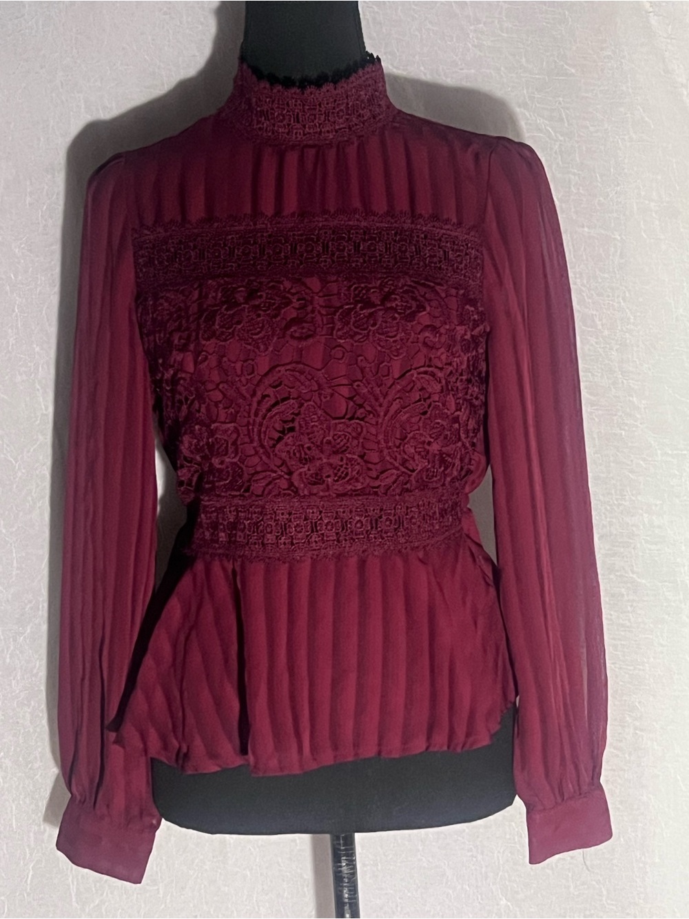 Haute Monde Burgundy Lace-Panel High Neck Peplum Blouse
